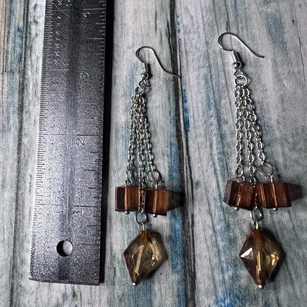 Vintage dangle earrings silver tone chain with Amber colored beads